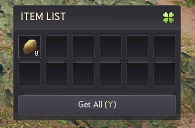 In-game Item List window showing eight Potatoes after gathering